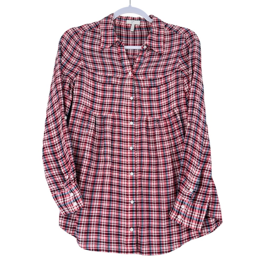 Joie Plaid Button Down Tunic Women XS 100% Cotton Red White 1252-23414